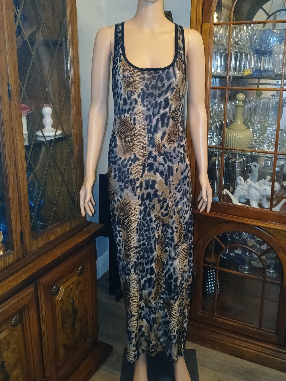 Sleeveless Animal Print Maxi Dress in Tan and Black